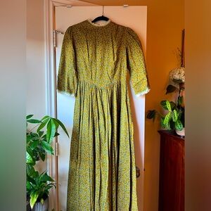 Vintage Handmade 70s style Yellow and Blue Floral Prairie Dress, Size XS